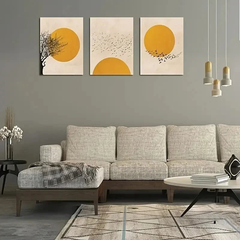 3pcs Sun and Tree Branches with Birds Metal Print Ready to Hang Art