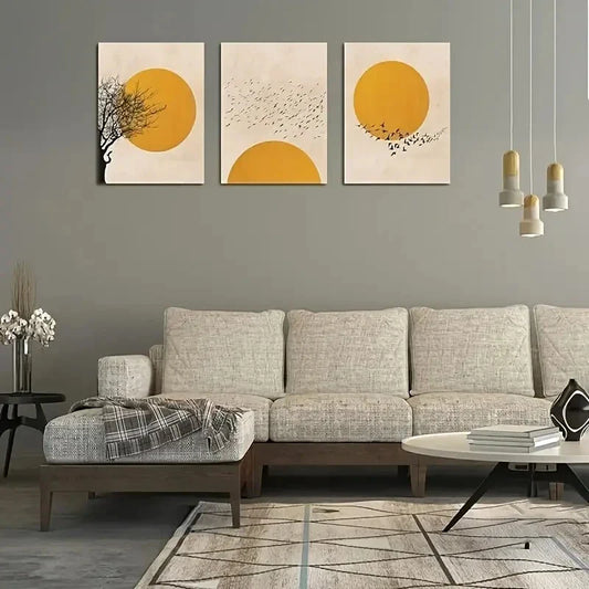 3pcs Sun and Tree Branches with Birds Metal Print Ready to Hang Art