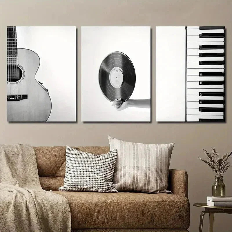 3pcs Black and White Guitar Vinyl Record & Piano Wall Art Set Canvas Framed 40x60cm - High Quality Print 100% Australian Made Wall Canvas Ready to Hang