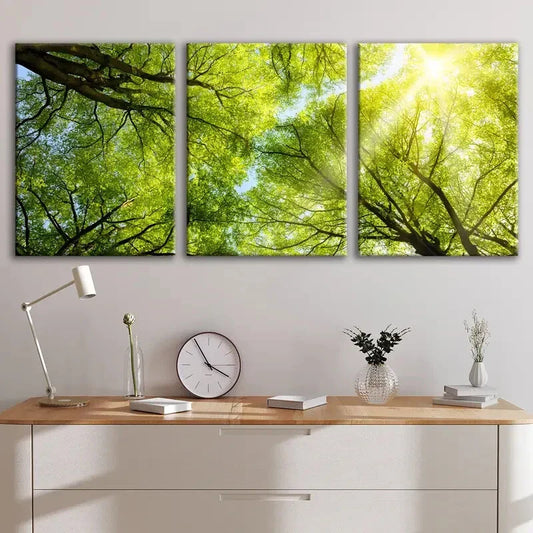 3pcs Sunshine & Green Shade Nature Triptych Metal Print Ready to Hang Art