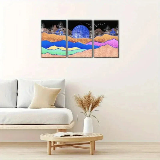3pcs Blue Moon & Silhouetted Trees, Metal Print Ready to Hang Art