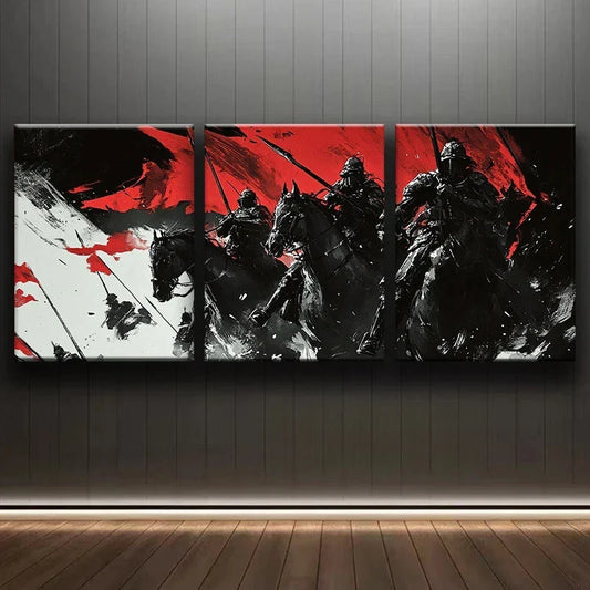 3pcs Warrior Black Horses Red & Black Themed Metal Print Ready to Hang Art