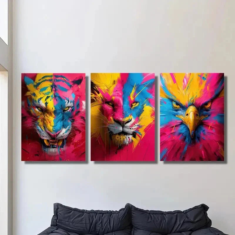 3pcs Vibrant Tiger & Lion Colorful Abstract Metal Print Ready to Hang Art