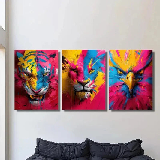 3pcs Vibrant Tiger & Lion Colorful Abstract Metal Print Ready to Hang Art