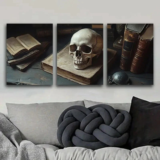 3pcs Skeletons and Books Dark Colorful Perfect Wall Art Set Canvas Framed 40x60cm - High Quality Print 100% Australian Made Wall Canvas Ready to Hang