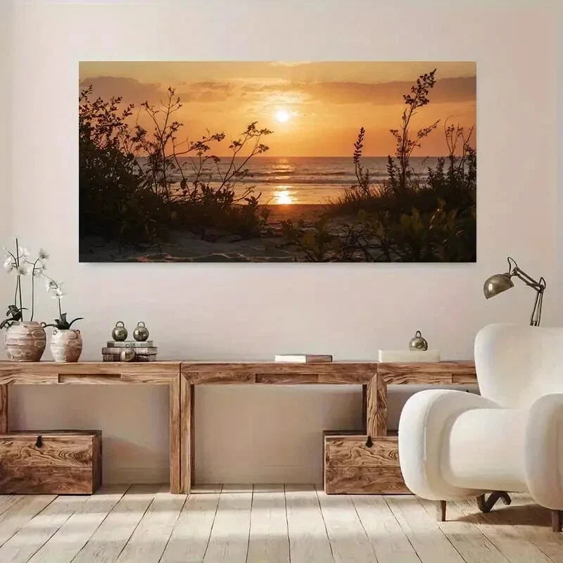 Beach Sunset Sky & Plants wall canvas office home room framed 120x60cm