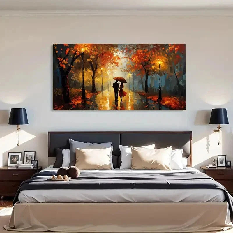 Autumn Rainy Street Romantic Wall Art Canvas Office Home Room Framed 80x45cm