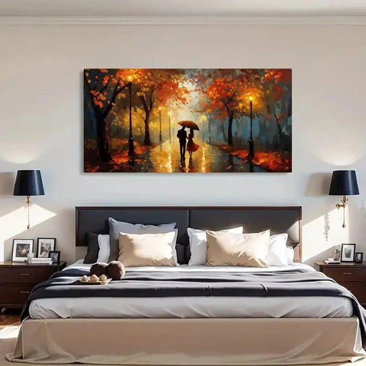 Autumn Rainy Street Romantic Wall Art Canvas Office Home Room Framed 80x45cm