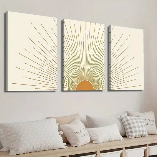 3pcs Abstract Geometric Sun Wall Art Set Canvas Framed 40x60cm - High Quality Print 100% Australian Made Wall Canvas Ready to Hang