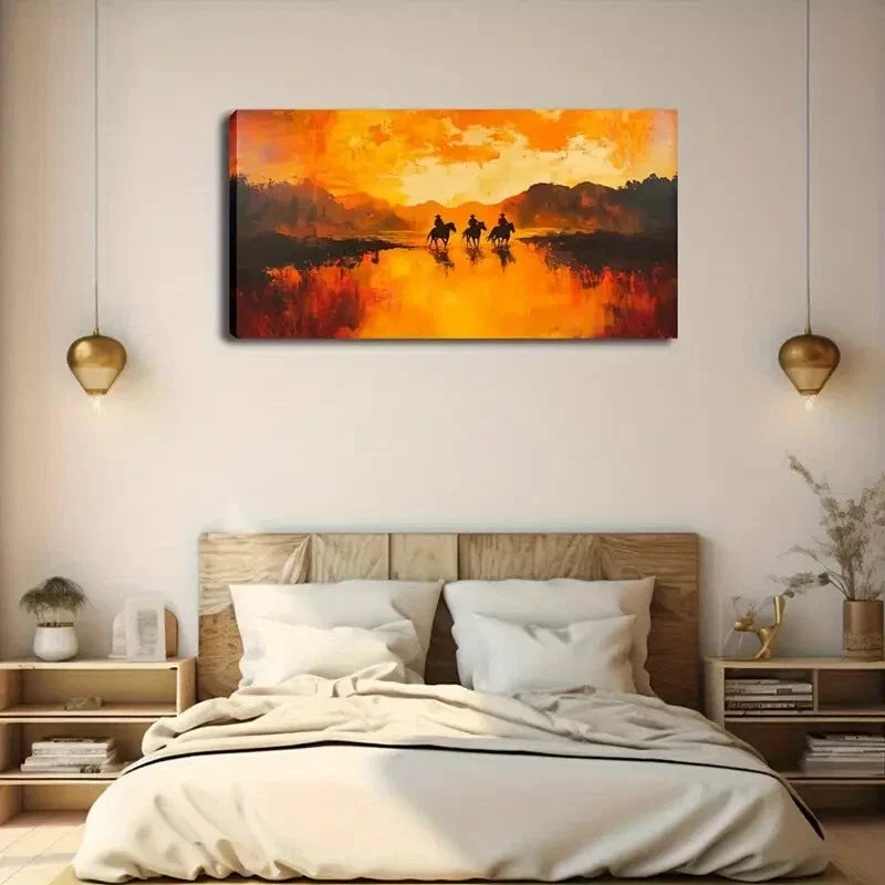 Sunset Horseback Riders Wall Art Canvas Office Home Room Framed 120x60cm
