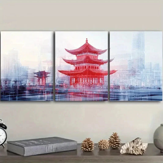 3pcs  Chinese-style tower Art Painting Metal Print Ready to Hang Art