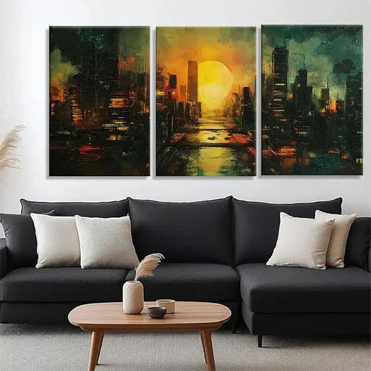 3pcs Modern Skyline with City Lights Perfect Wall Art Set Canvas Framed 40x60cm - High Quality Print 100% Australian Made Wall Canvas Ready to Hang
