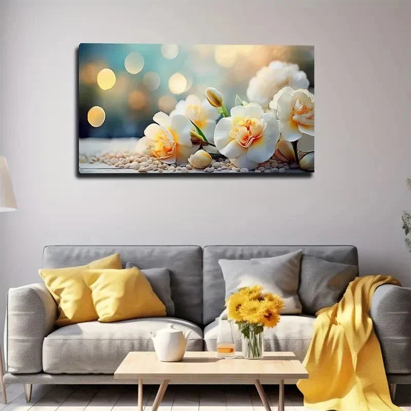 White Floral Botanical Wall Art Canvas Office Home Room Framed 120x60cm