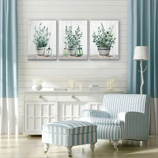3pcs  Artwork of Green Leaves in Vases Metal Print Ready to Hang Art