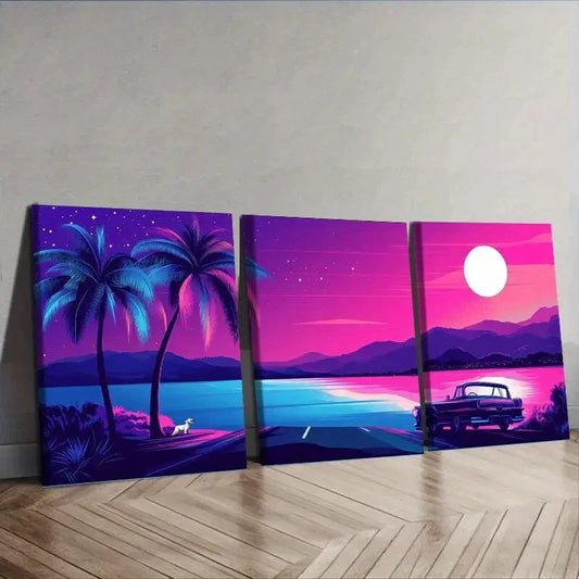 3pcs  Miami Beach Sunset with Palm Trees Wall Art Set Canvas Framed 40x60cm - High Quality Print 100% Australian Made Wall Canvas Ready to Hang