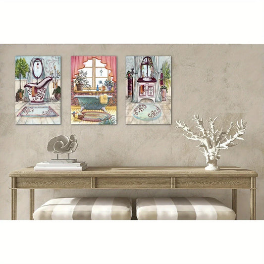 3pcs Rustic Vintage Style Bathtub Artwork Metal Print Ready to Hang Art