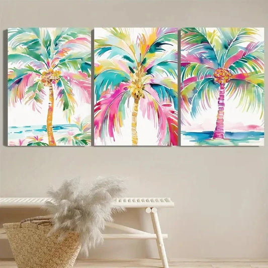 3pcs Vibrant Palm Trees & Colorful Sky, Metal Print Ready to Hang Art