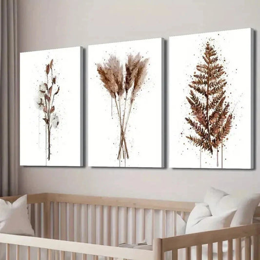 3pcs Brown Abstract Cotton Plant Print Wall Art Set Canvas Framed 40x60cm - High Quality Print 100% Australian Made Wall Canvas Ready to Hang