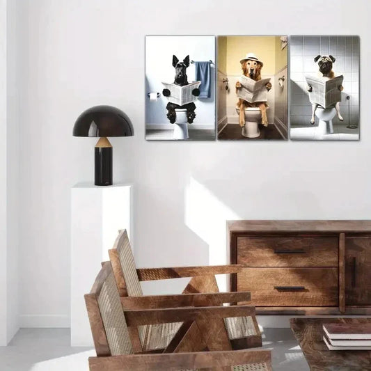 3pcs Puppy Sitting on Toilet and Reading a Book Metal Print Ready to Hang Art