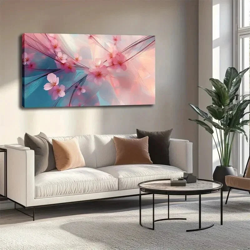 Serene Pink Blooms On Blue Wall Art canvas office home room framed 120x60cm