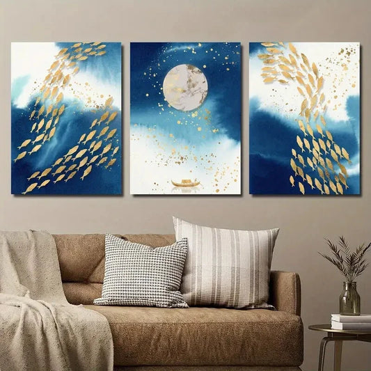 3pcs Abstract Goldfish and Moon Nordic Light Metal Print Ready to Hang Art