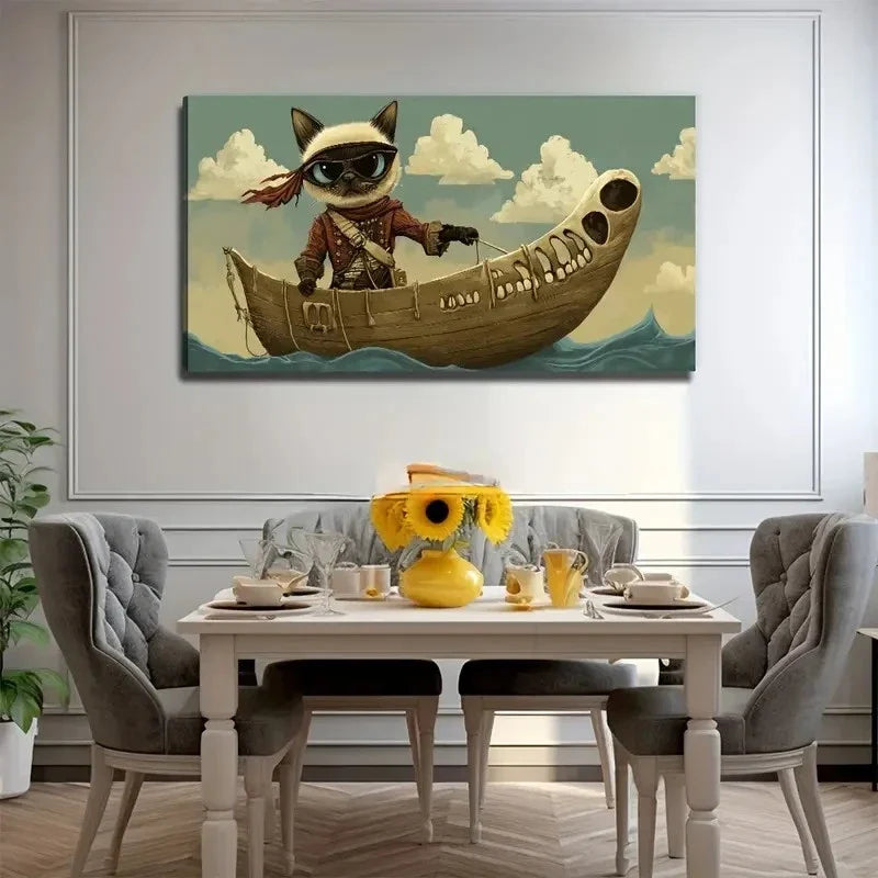 Black Cat Pirate Suitable Wall Art Canvas Office Home Room Framed 120x60cm