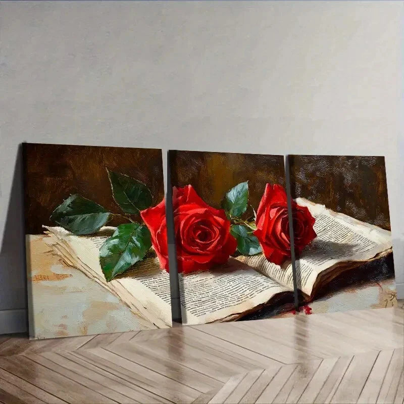 3pcs Red roses from the newspaper  Wall Art Set Canvas Framed 40x60cm - High Quality Print 100% Australian Made Wall Canvas Ready to Hang