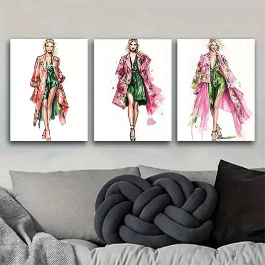 3pcs Fashion Sketch Style Triptych Wall Art Set Canvas Framed 40x60cm - High Quality Print 100% Australian Made Wall Canvas Ready to Hang