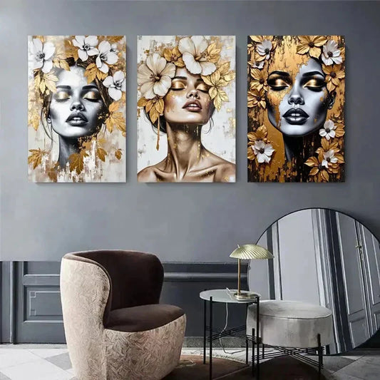 3pcs Elegant Female Figures with Golden and White Metal Print Ready to Hang Art
