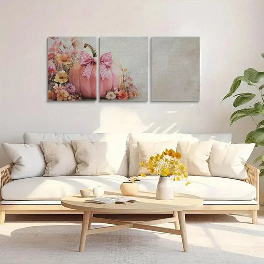 3pcs Pink Pumpkin with Floral Accents & Ribbon Metal Print Ready to Hang Art