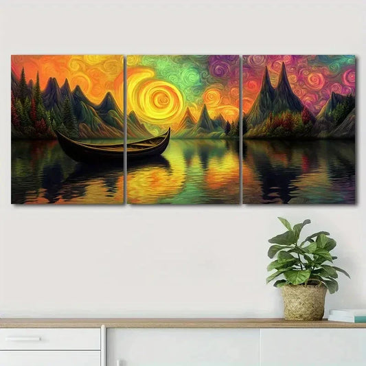 3pcs Colorful Boat Sailing on the River Perfect Wall Art Set Canvas Framed 40x60cm - High Quality Print 100% Australian Made Wall Canvas Ready to Hang