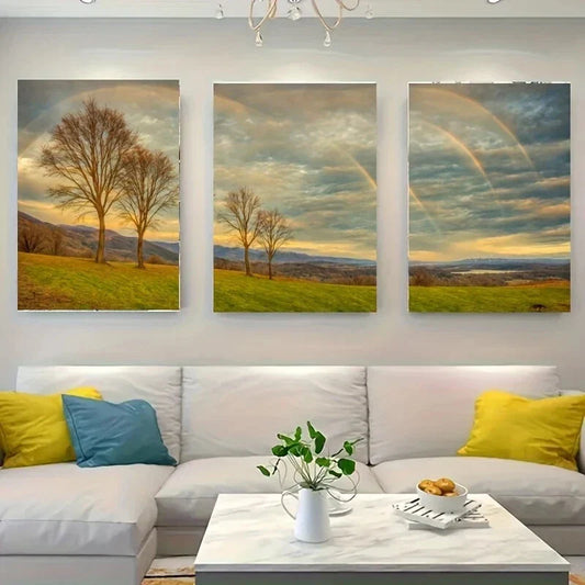 3pcs wo Double Rainbow Arches Over a Grass Metal Print Ready to Hang Art