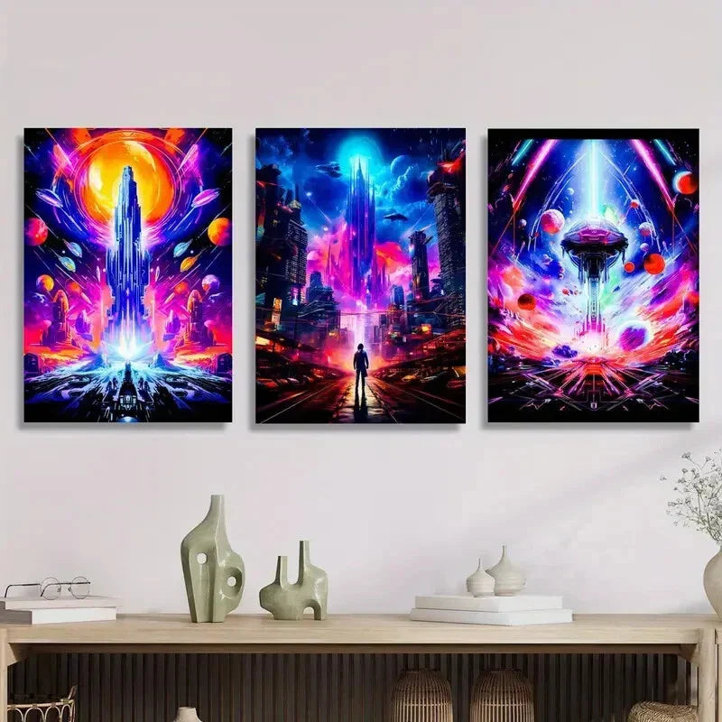 3pcs  Vibrant Space Planet & Future World Line Metal Print Ready to Hang Art