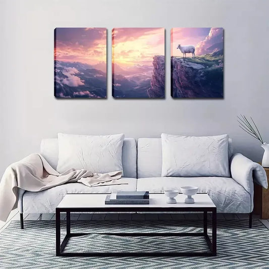3pcs Sheep Standing on The Edge of a Cliff Wall Art Set Canvas Framed 40x60cm - High Quality Print 100% Australian Made Wall Canvas Ready to Hang