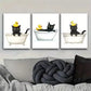 3pcs Whimsical Black Cat & Duckling in Bathtub Wall Art Set Canvas Framed 40x60cm - High Quality Print 100% Australian Made Wall Canvas Ready to Hang