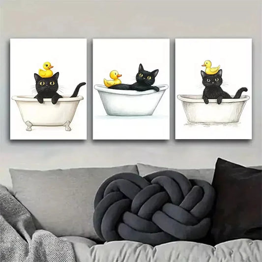 3pcs Whimsical Black Cat & Duckling in Bathtub Wall Art Set Canvas Framed 40x60cm - High Quality Print 100% Australian Made Wall Canvas Ready to Hang