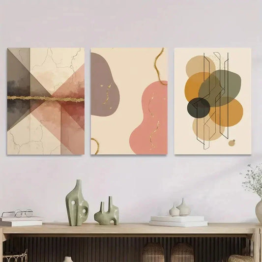 3pcs Modern Abstract Geometric Shapes & Golden Wall Art Set Canvas Framed 40x60cm - High Quality Print 100% Australian Made Wall Canvas Ready to Hang