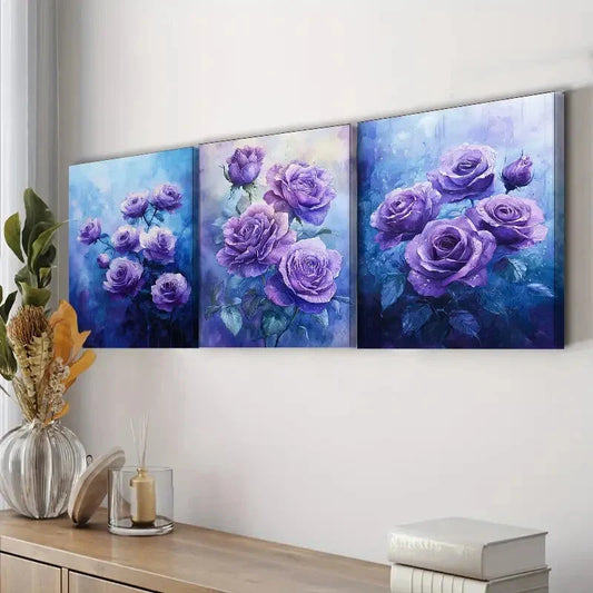 3pcs Purple Rose Night Purple Floral Perfect Wall Art Set Canvas Framed 40x60cm - High Quality Print 100% Australian Made Wall Canvas Ready to Hang