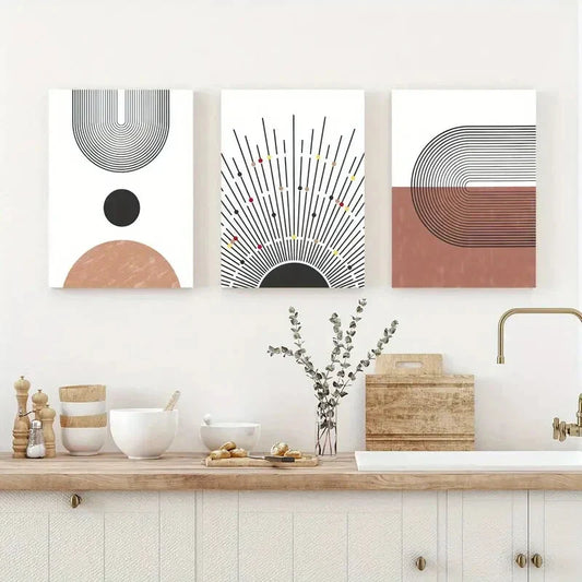 3pcs Modern Abstract Black Lines Print Brown Ready to Hang Art
