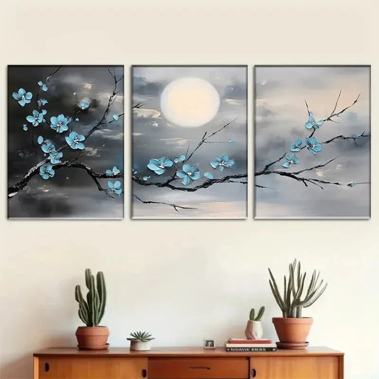 3pcs Full Moon Black And Blue Flowers Serene Metal Print Ready to Hang Art