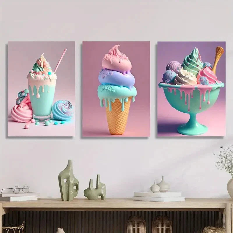 3pcs Vibrant Ice Cream Colorful Dessert  Metal Print Ready to Hang Art