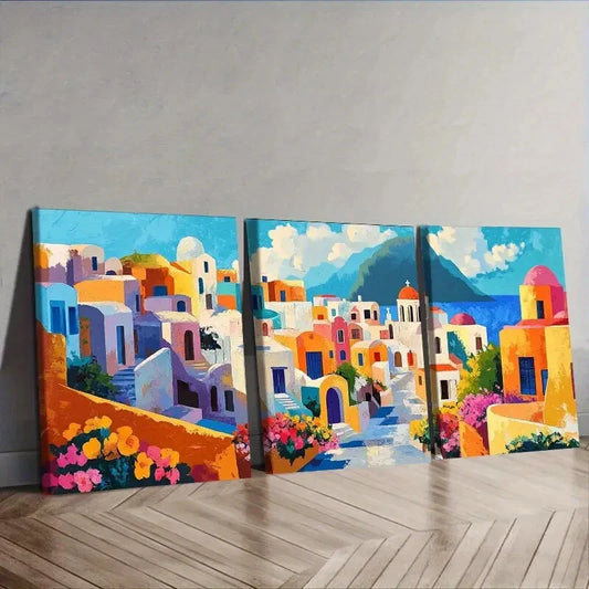 3pcs  Greek island style town  Wall Art Set Canvas Framed 40x60cm - High Quality Print 100% Australian Made Wall Canvas Ready to Hang