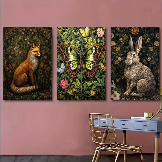 3pcs Fox Butterfly & Rabbit Designs with Floral Metal Print Ready to Hang Art
