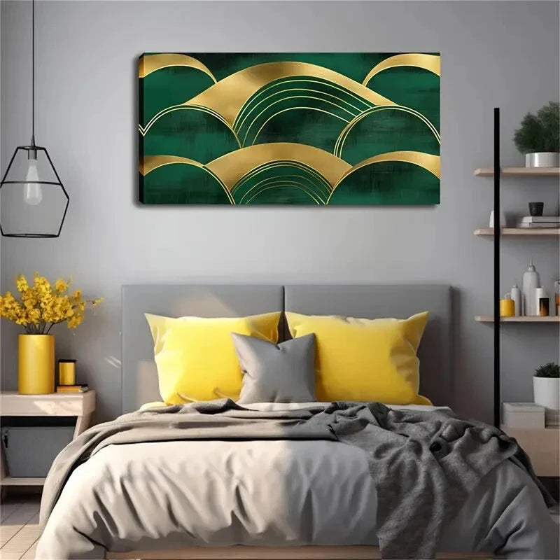 Golden Arc Lines Dark Green Wall Art Canvas Office Home Room Framed 120x60cm