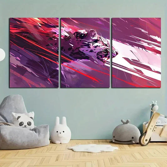 3pcs Abstract Purple Leopard Red Accents Metal Print Ready to Hang Art