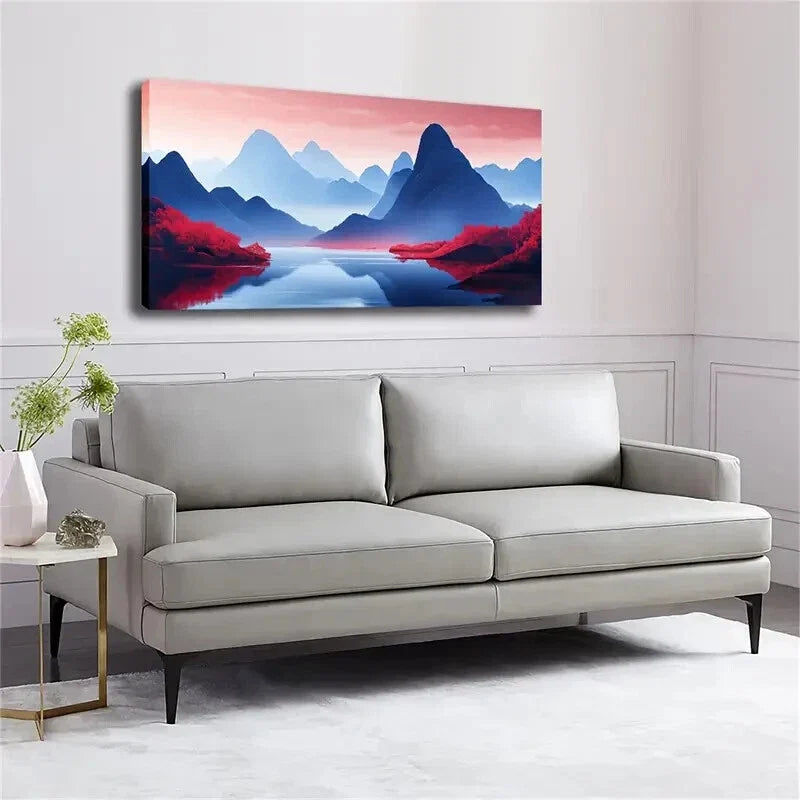 Red Foliage & Serene Lake Scene Wall Art Canvas Office Home Room Framed 120x60cm