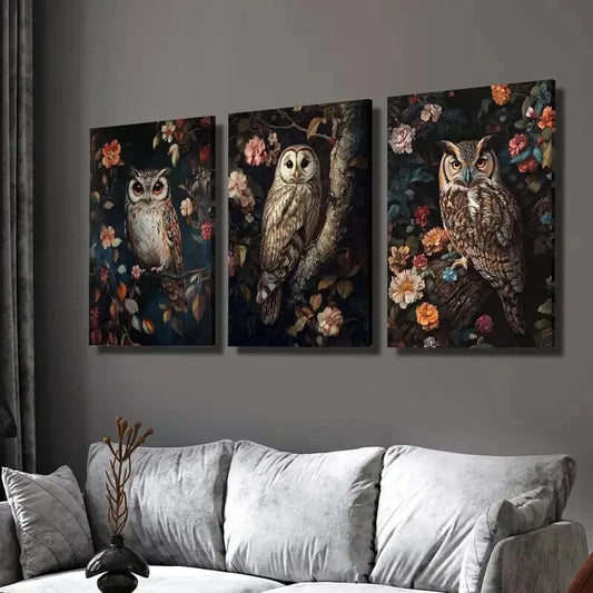 3pcs Colorful Dahlia & Owl Illustrations Wall Art Set Canvas Framed 40x60cm - High Quality Print 100% Australian Made Wall Canvas Ready to Hang