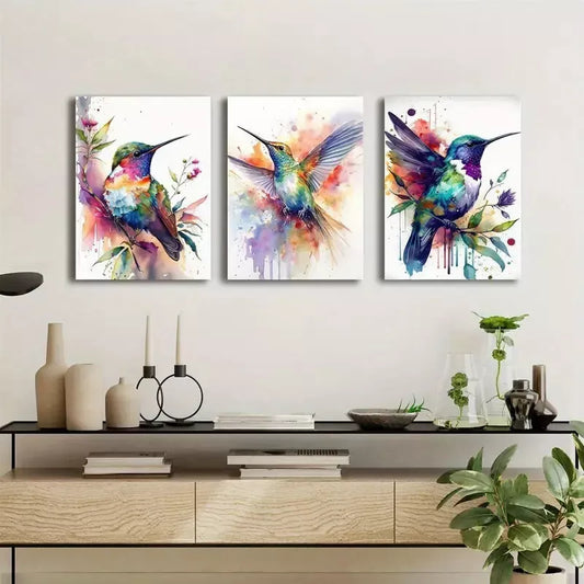3pcs Watercolor Hummingbird & Flowers Canvas Framed 40x60cm - High Quality Print 100% Australian Made Wall Canvas Ready to Hang