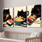 3pcs Japanese Ramen Cat Illustration Wall Art Set Canvas Framed 40x60cm - High Quality Print 100% Australian Made Wall Canvas Ready to Hang