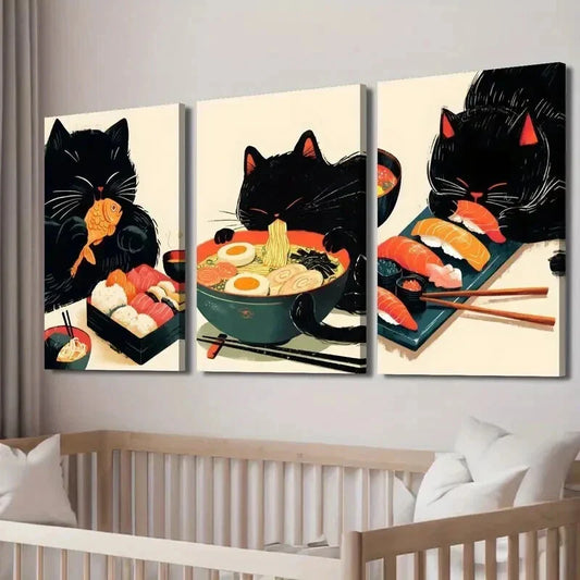 3pcs Japanese Ramen Cat Illustration Wall Art Set Canvas Framed 40x60cm - High Quality Print 100% Australian Made Wall Canvas Ready to Hang